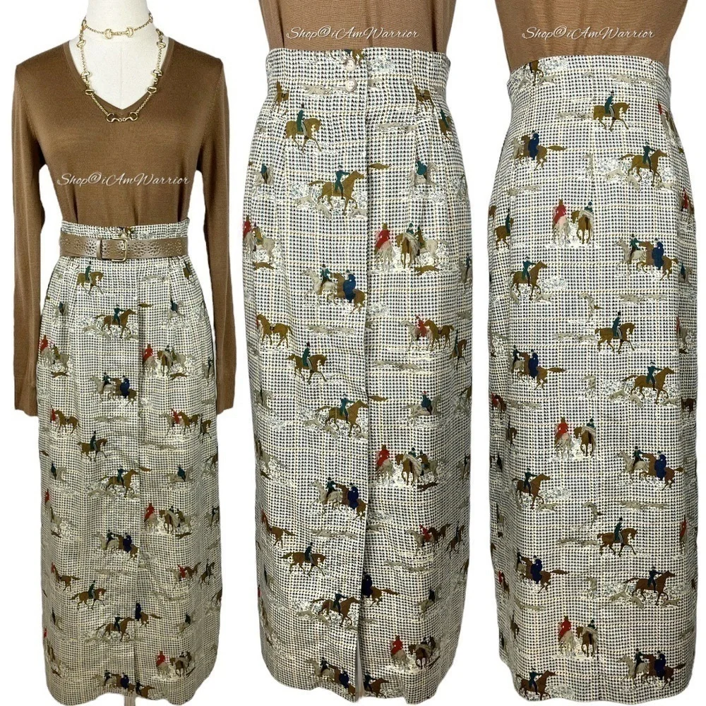 Rare vintage equestrian hunting dog button front houndstooth skirt *iamwarrior - Picture 3 of 13
